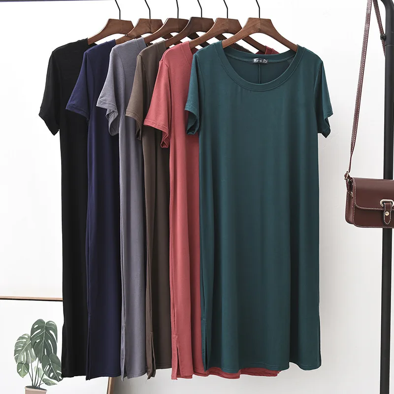 

2019 Summer New Style Modal Dress Women's Solid Color Short Sleeve Plus-sized Mid-length T-shirt Dress Slit Hem