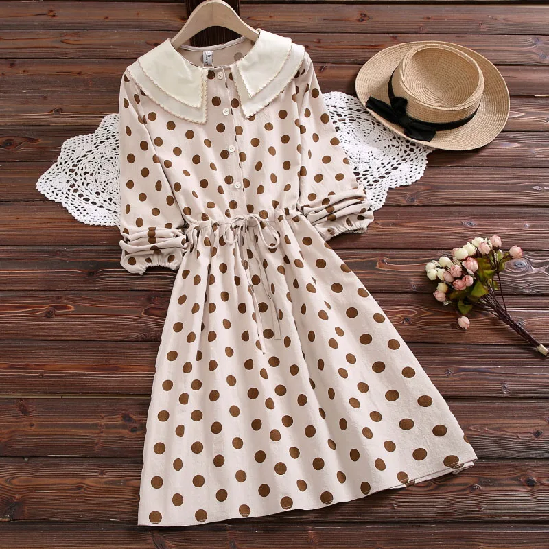 2020 Japanese Preppy Style Spring Autumn Women Cute Dress Polka Dot Cotton Sweet Dress Double-Layered Collar Pink Apricot Dress