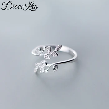 DIEERLAN Personality 925 Sterling Silver Crystal Leaf Rings For Women Wedding Jewelry Adjustable Antique Finger Ring Anillos