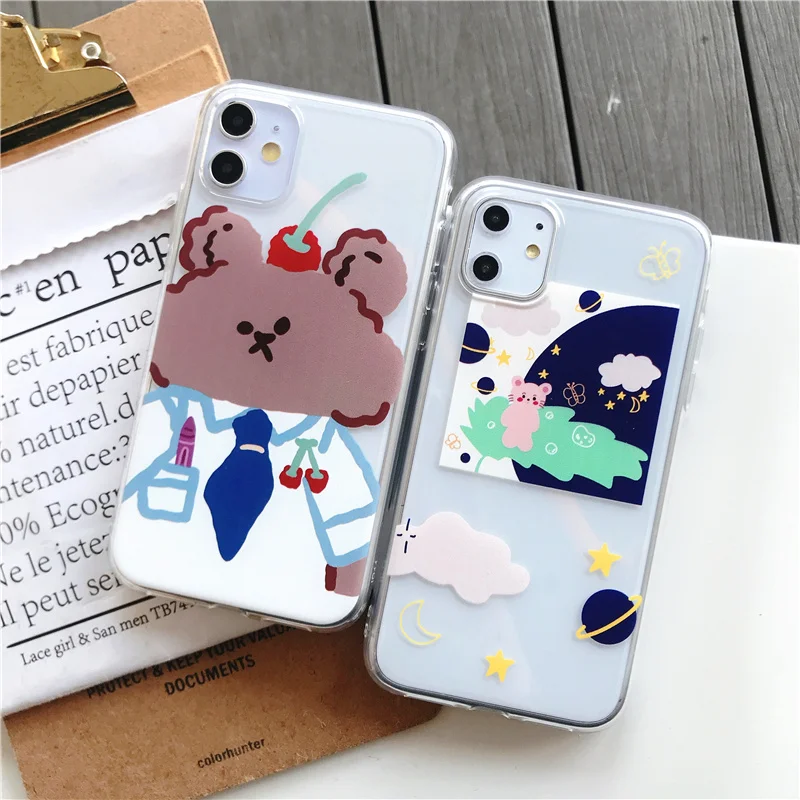 

Korea cherry suit bear cartoon case for iphone xs max xr x 11 Pro Max star bear cute soft silicone cover for iphone 7 8 6 S Plus