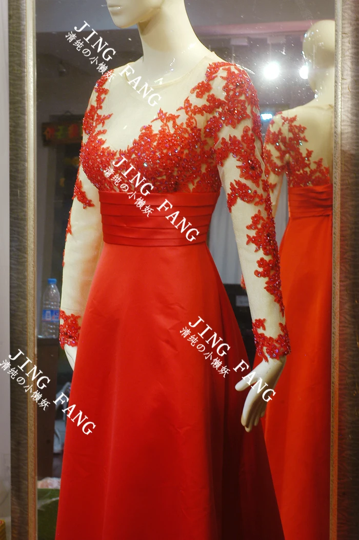 Халат de soiree новые модные пикантные vestido de renda красные длинные рукава вечерние платье вечернее платье вечерние платья