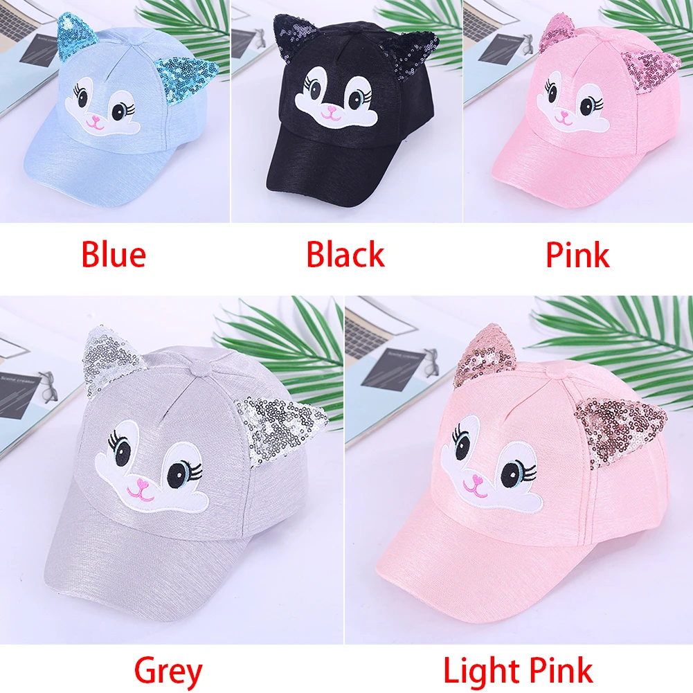 Soft Sequin Adjustable Girls Skin Friendly Embroidery Outdoor Baseball Caps Cute Cat Ears Breathable Children Sun Hat Summer