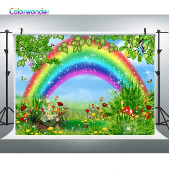 

Baby Shower Background Happy 1st Birthday Glitter Rainbow Floral Wonderland Tinker Bell Fairy Backdrops for Dessert Table Banner