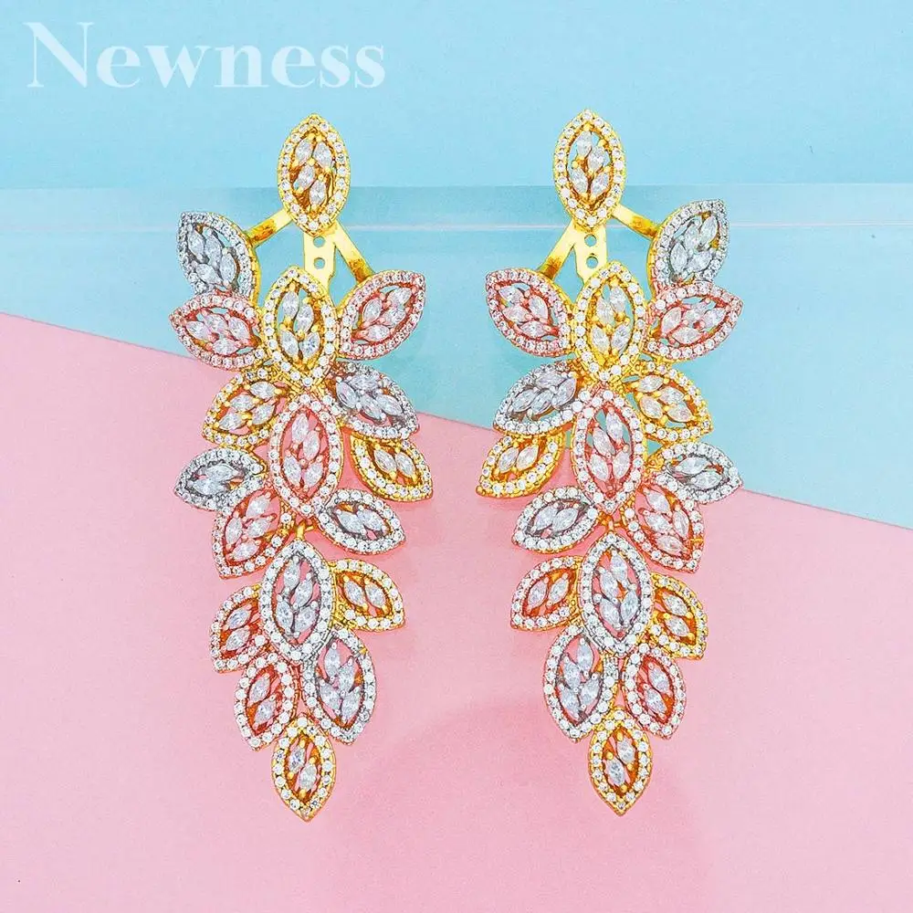

Newness Trendy Luxury Plum Flower 3 Tone Earrings For Women Wedding Cubic Zircon CZ Indian Bridal Earrings Bohemia Hot
