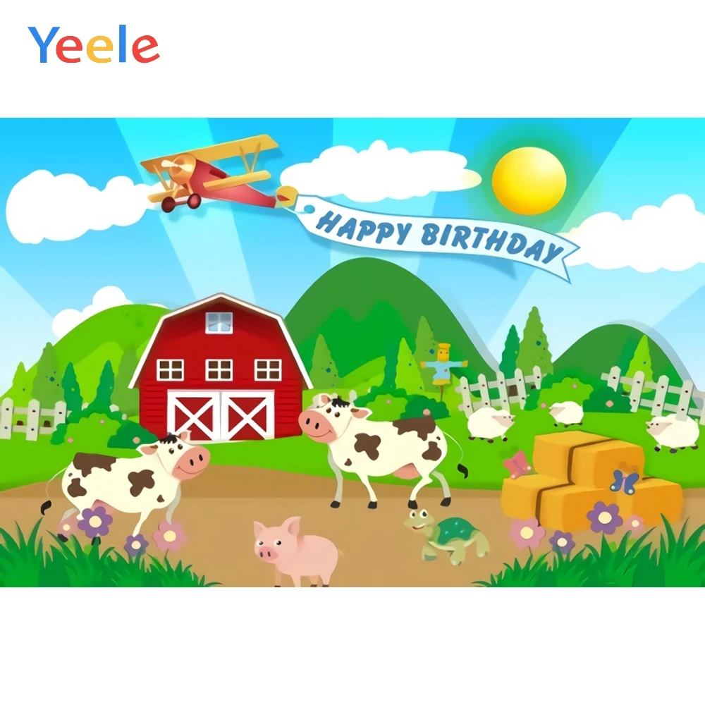 

Yeele Balloon Farm Animal Lattice Grass Cloud Birthday Photography Background Customized Photographic Backdrops for Photo Studio