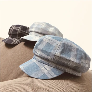 

Summer 2020 Unisex Hats Japanese Plaid Denim Women Leisure Early Spring Octagonal Hat Painter Hat Fashion Duck Tongue Cloth Hat