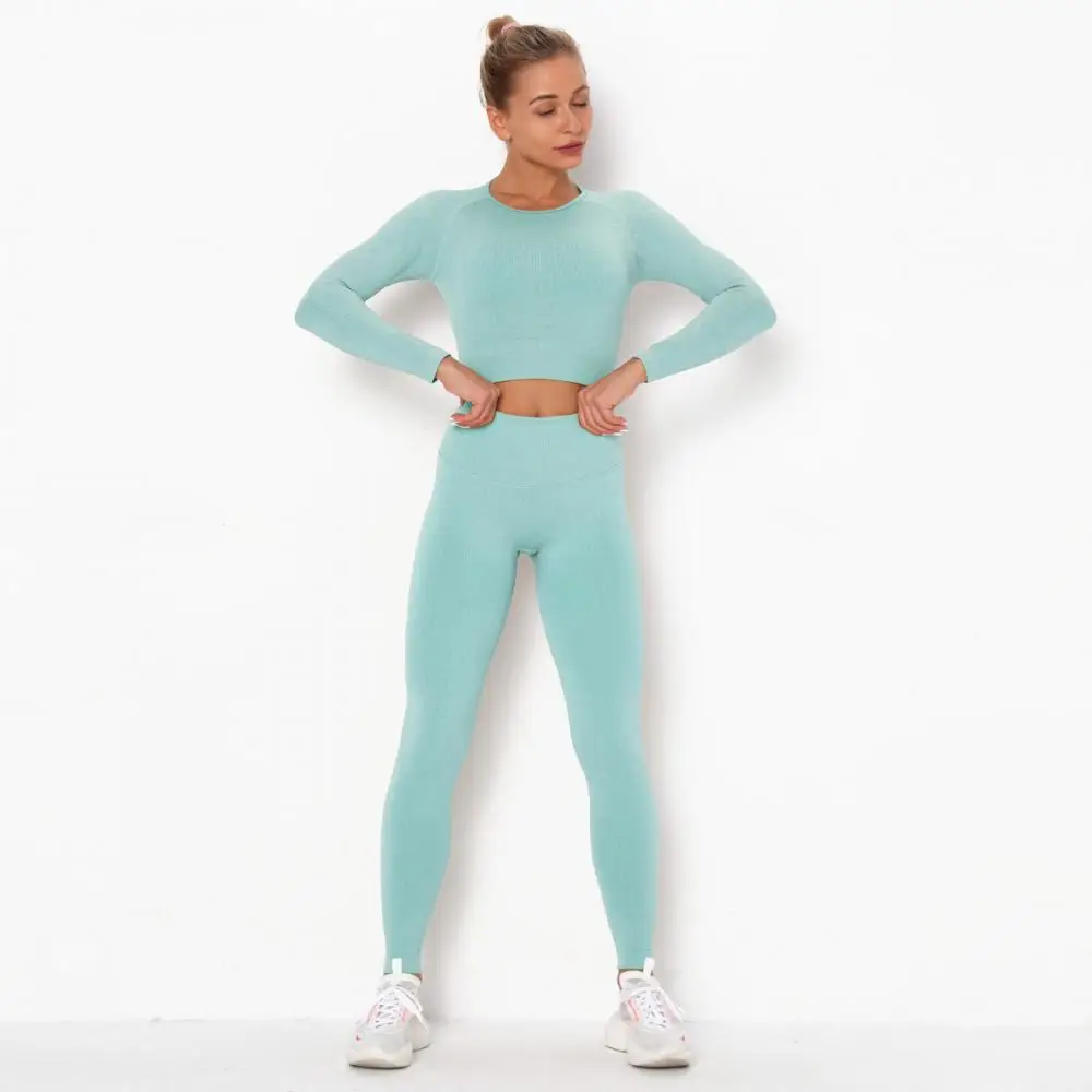 

2Pcs Yoga Ribbed Set Gym Sports Suit Women Seamless Leggings Push Up Crop Top Women Long Sleeve Top Workout Clothes Sportswear