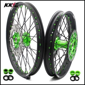 

KKE 21 & 19 Dirt Bike MX Wheels Set for Kawasaki KX125 KX250 2006-2007 Green Nipple Black Spoke Discs