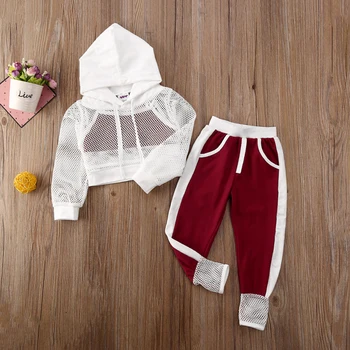

2020 Spring Summer 3Pcs Kids Baby Girl Tracksuit Hooded Vest Mesh Tops Sweatpants Clothes 2-7Y Children Set New