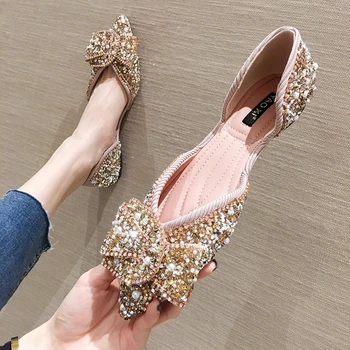 

SLHJC Women Flats Pointed Toe Pearl Shoes Spring Summer Sandals Slip On Casual Sweet Knot Sequined Flat Heel Shallow Loafers