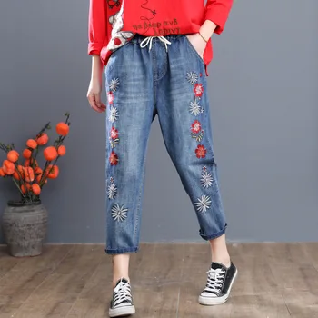 

England High Waist Jeans Embroidered for Women Plus Size Spring Summer New 2020 Korean Loose Cotton Denim Pants Female Holes 3xl