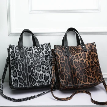 

2pcs Set Fashion Leopard Women's Composite Bag Black Brown Leather Handbag Tote Lady Shoulder Bag And Female Purses