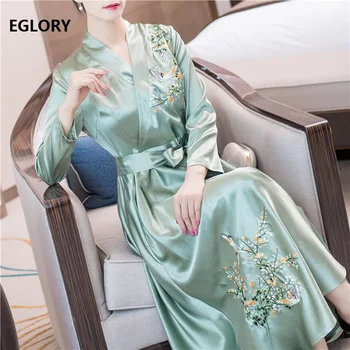 

Top Quality Dress 2019 Autumn Style Women V-Neck Cute Birds Floral Embroidery Long Sleeve Mid-Calf Green Yellow Dress Vestidos