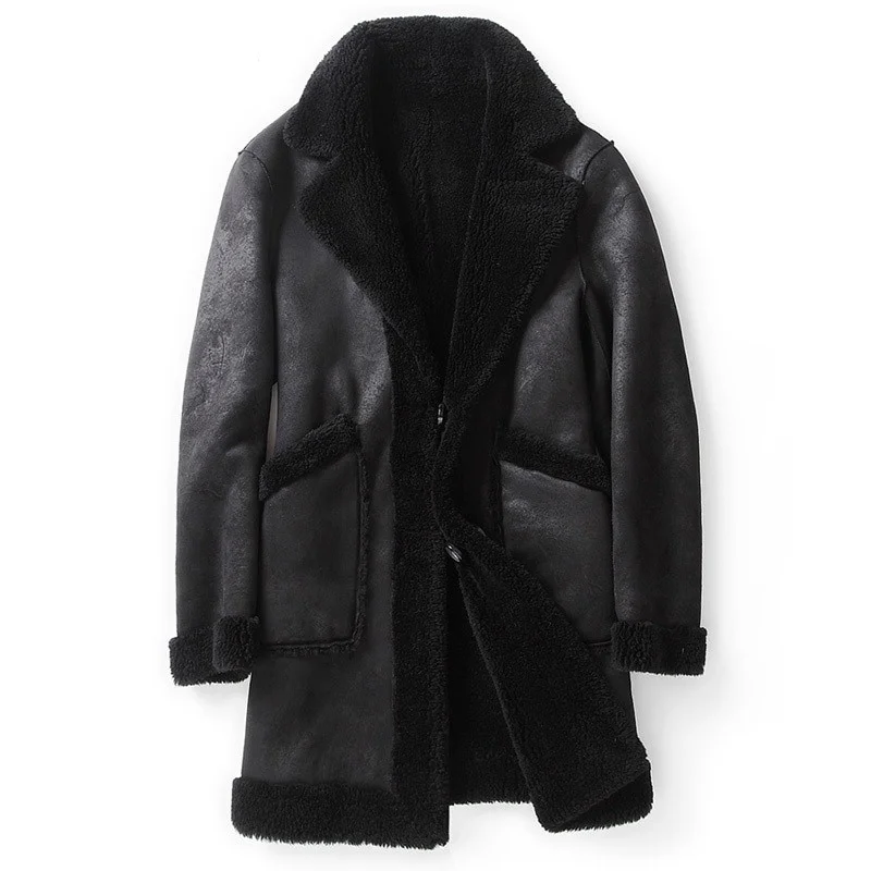 

Winter Mens Jacket Reversible Luxury Lapel Suede Wool Shearling Long Coats Brand Business Natural Fur Coat Male Plus Size 5XL