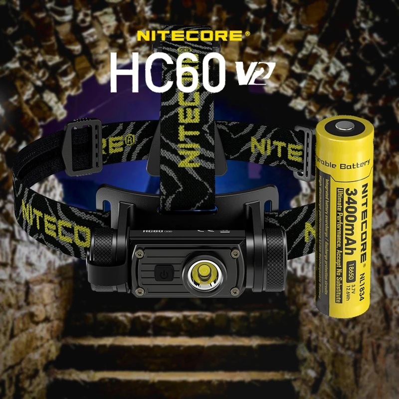 Nitecore-ヘッドランプhc60 V2,1200ルーメン,180 ° 調整可能,角度付き,3400mAh,バッテリー18650
