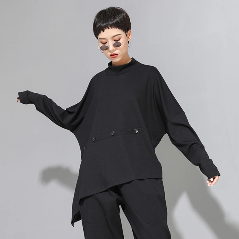 

Autumn 2019 black vintage asymmetry long sleeve tshirt plus size women midi button loose casual t-shirt tops fashion streetwear