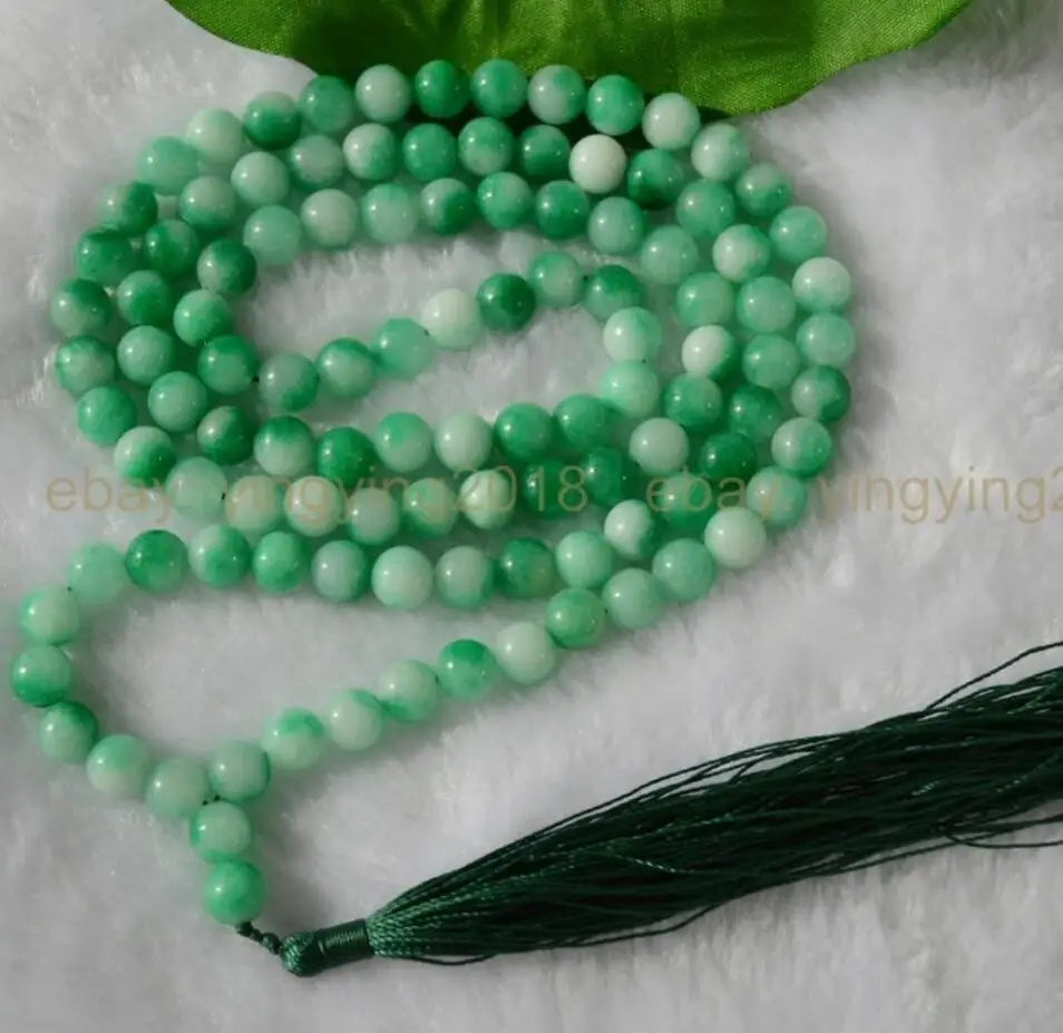 

Free shipping Hot sale 8mm Natural Green Jade Tibet Buddhist 108 Prayer Beads Mala Necklace