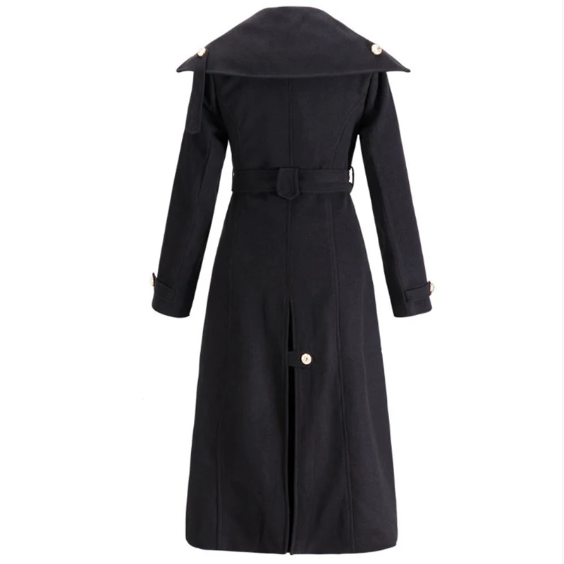 Women coat Winter Elegant Slim Lapel Overcoat fashion retro pure color long Coat Double-breasted lace up belt jacket lady fall