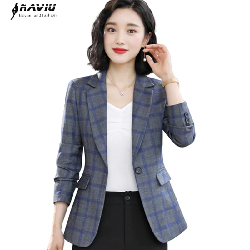 Повседневный Блейзер Женский модный темперамент серый синий клетчатый блейзер с длинным рукавом офисный женский пиджак высокого класса для работы