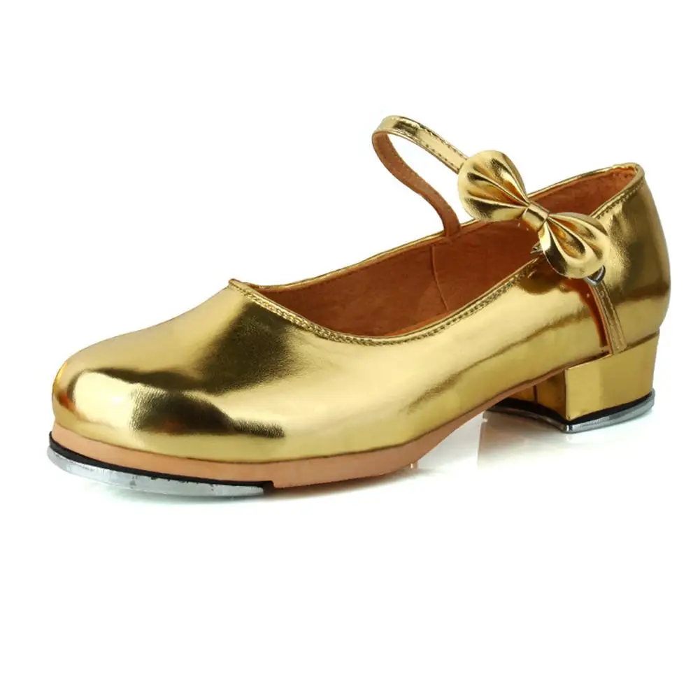 Bright Leather Bow Ladies Tap Shoes Women Split Sole Lace Up Tap Shoes For Dance Dancing Women Ladies Girls - Цвет: Gold