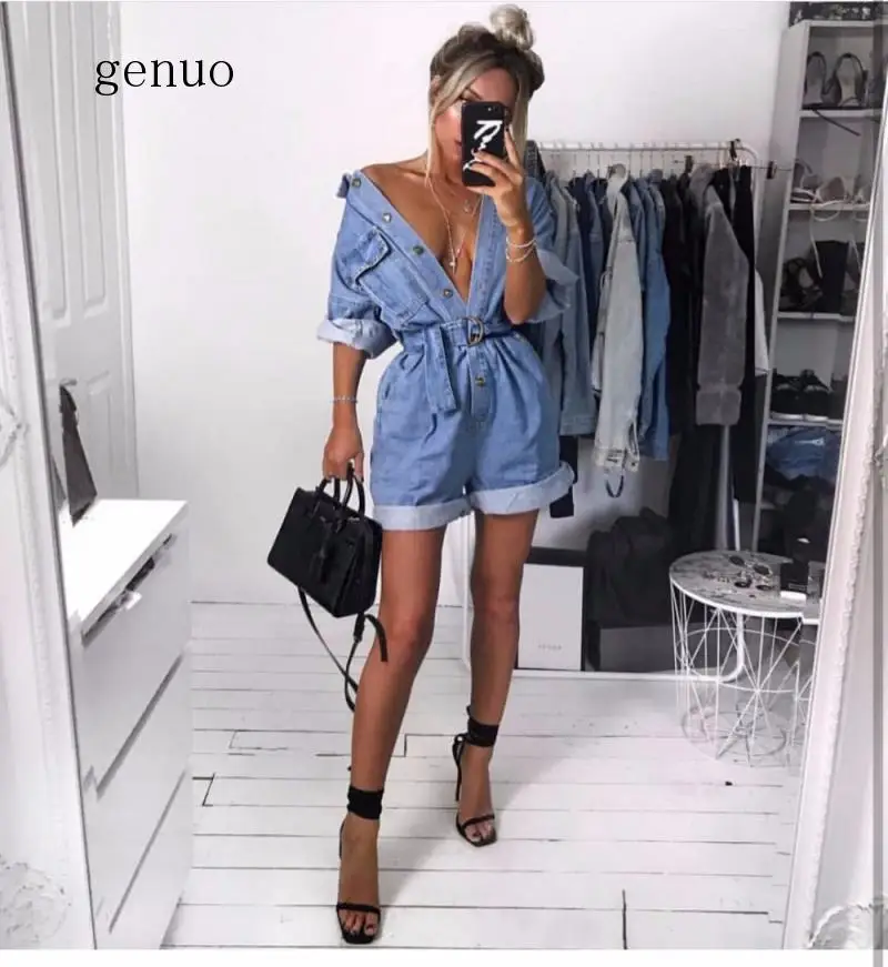 Women Casual Summer Denim Romper High Waist Jeans Overall BF Wide Leg Jumpers Lapel Pocket Shorts Jumpsuit Playsuit Jumpsuits