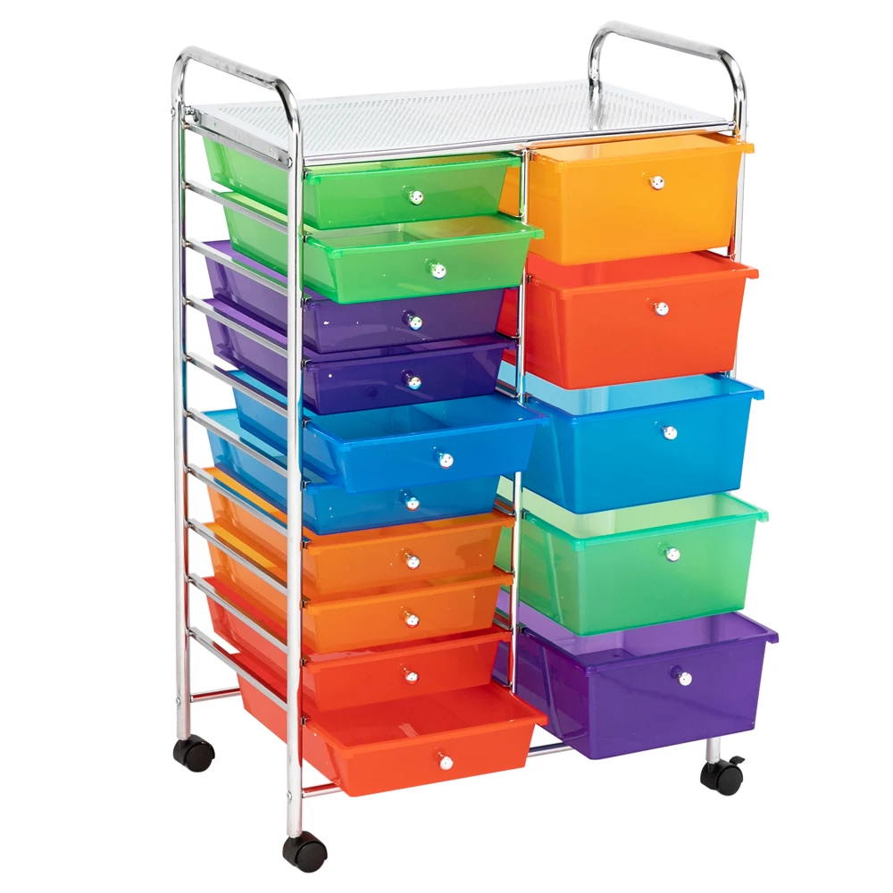 

Multi-Color 15 Drawers Rolling Organizer Storage Cart Double Row Left 10 Small Right 5 Big Steel&Plastic Durable U.S. Stock