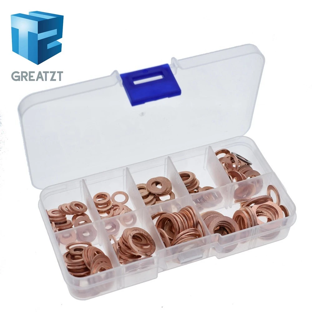 

200pcs M5-M14 Professional Assorted Copper Washer Gasket Set Flat Ring Seal Assortment Kit with Box For Hardware Accessories