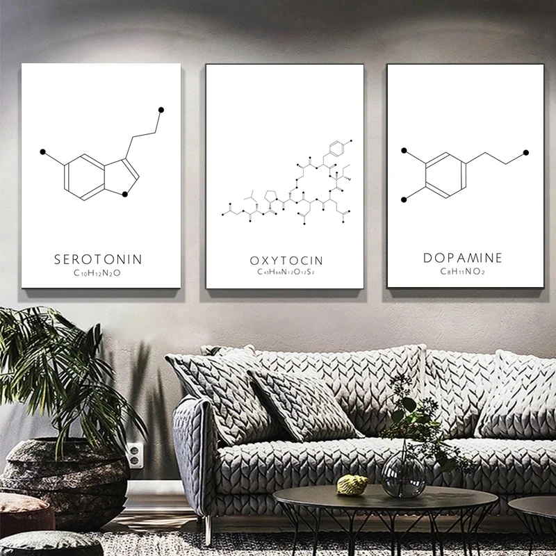 Love and Dopamine Line Drawing Molecule Serotonin Posters Prints Canvas Painting Chemistry Science Wall Art Picture Homed Decor