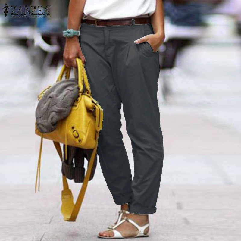 Модный комбинезон, женские летние брюки, ZANZEA, повседневные штаны на пуговицах спереди, женские хлопковые брюки размера плюс