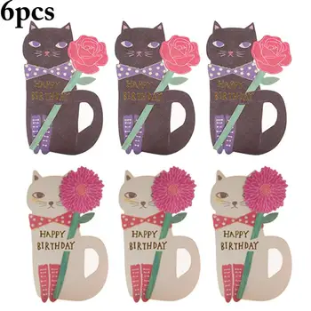 

6PCS Birthday Greeting Cards Standing Cat Flower Design Bless Cards Party Cards