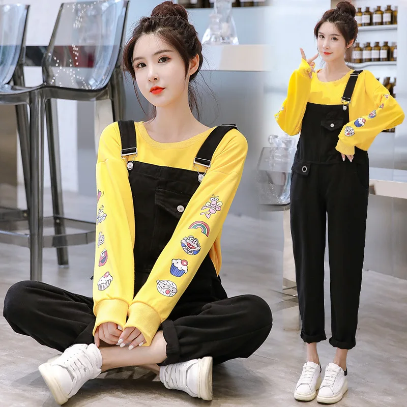

2020 Spring And Autumn New Products Korean-style Workwear Black And White with Pattern Cowboy Suspender Pants Yellow Looped Pile