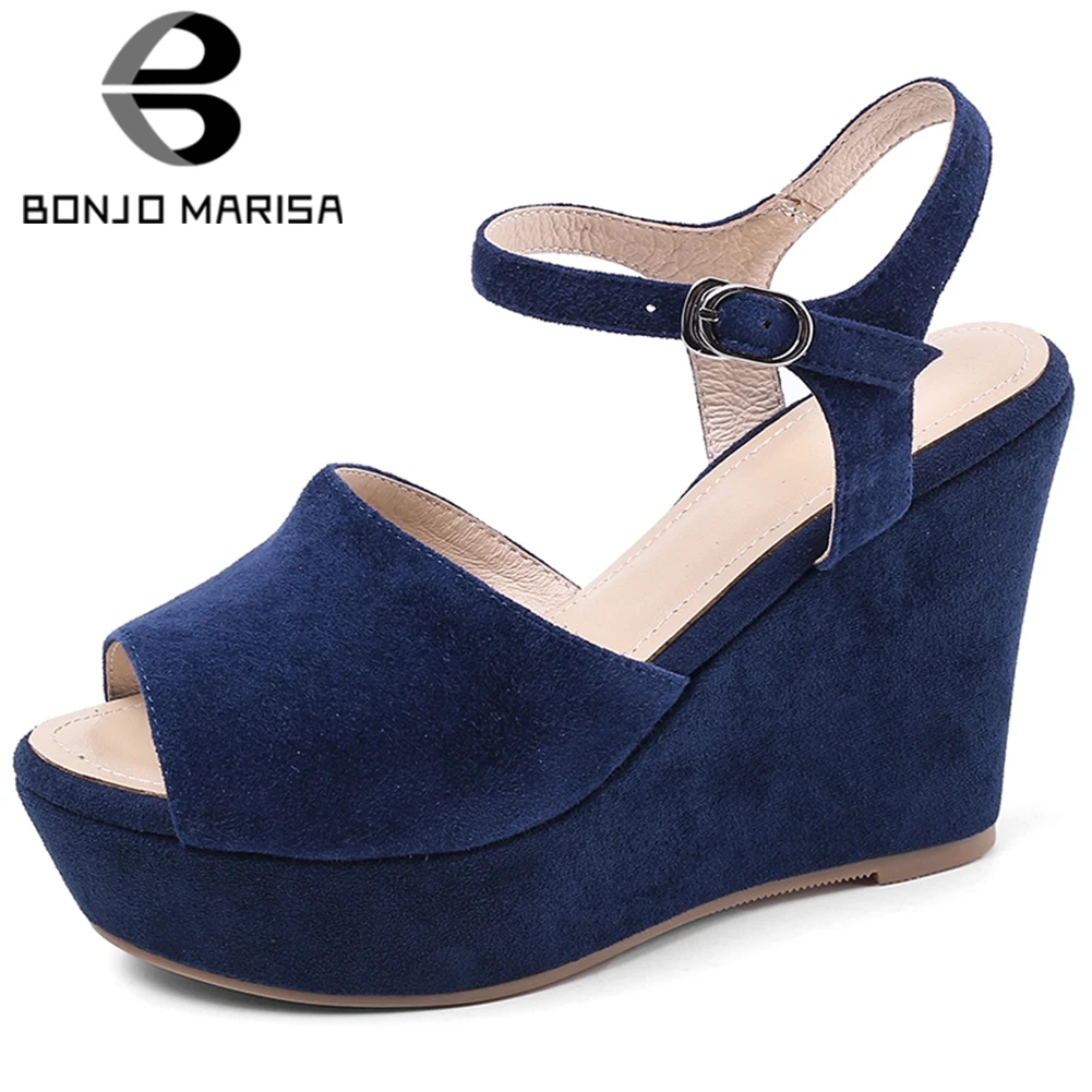 

BONJOMARISA Brand Kid Suede Female Sandals Platform High Wedges Sandals Women Peep Toe Summer Casual Office Shoes Woman