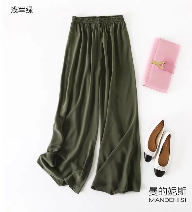 Женские чистый шелк тонкие свободные тип длинные брюки бежевый черный темно-синий мм - Цвет: army green