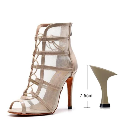 Woman High Top Latin Dance Shoes Red Black Ballroom Dance Boots Women Salsa Tango Dancing Shoes Girls Soft Bottom Party Sandals beige-7.5cm