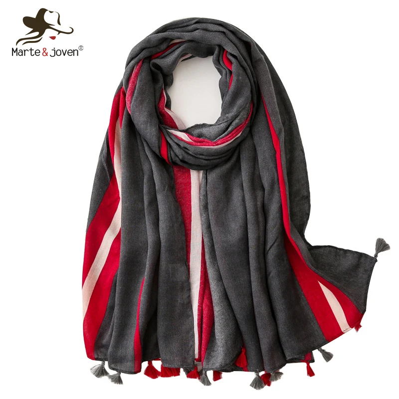 

Marte&Joven Classic Red Gray Striped Women Tassel Scarf Oversize Soft Summer Beach Pashmina Wrap Elegant Spring Autumn Scarf