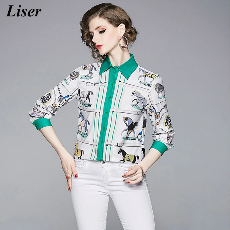 Liser Runway Designer Tops High Quality Women Fashion Retro Offical Blouse Ladies Office Shirts Womens And Blouses Print |