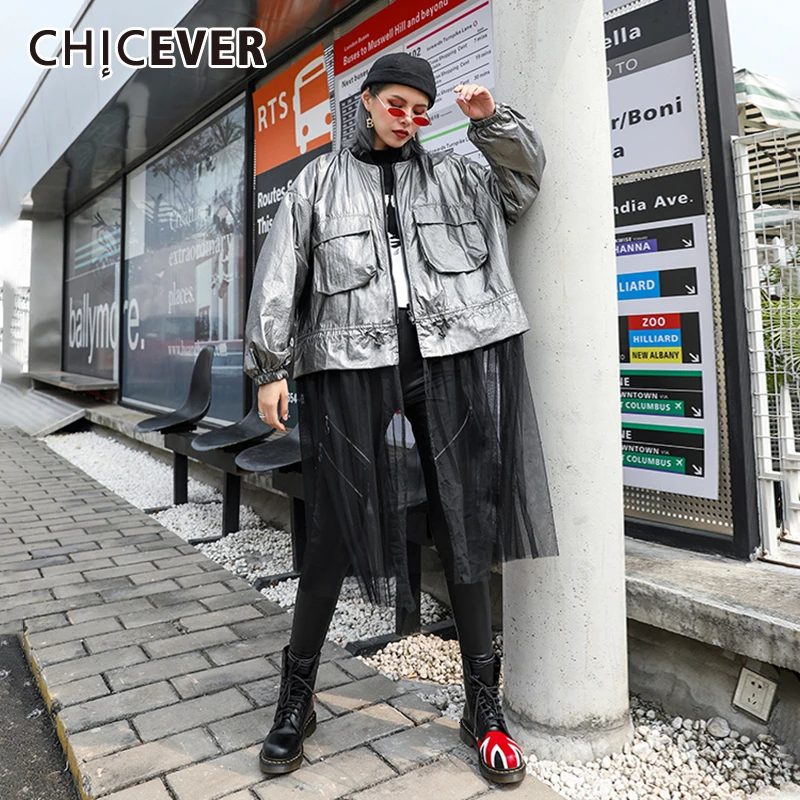 CHICEVER/Корейская Лоскутная Женская куртка из сетчатой ткани с v образным вырезом и