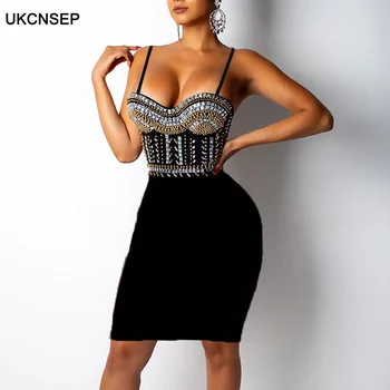 

UKCNSEP 2020 Black Summer Women Beads Dress Sexy Strapless Bodycon Celebrity Evening Party Dress Runway Bandage Dress Vestidos