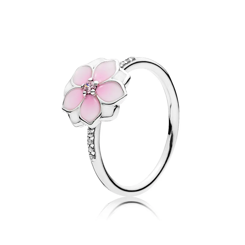 

Elegant Pink Flower 925 Sterling Silver Crystal Rings Bands for Women Female Fancy Upscale Delicate Office Jewelry Gift Party