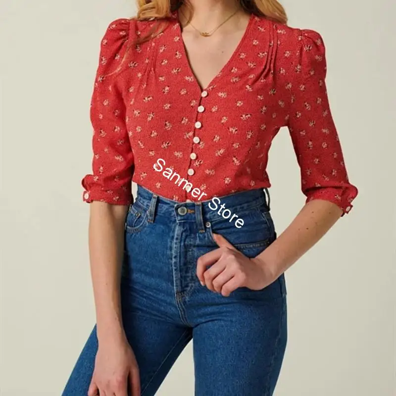 Three Quarter Sleeve Women Shirt Floral Dot Printing V neck Three Color