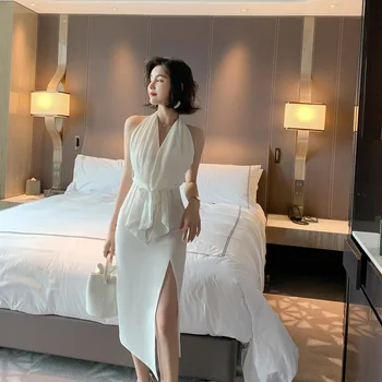 

New dress temperament goddess white Halter open back lace up holiday dress