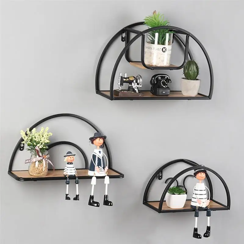 

Vintage Wrought Iron Shelf Wood Board Decorative Wall-mounted Storage Racks Shelves Sundries Organizer Nails Free