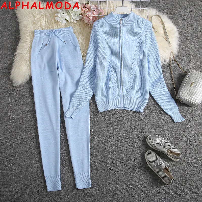 Женский вязаный костюм ALPHALMODA свитер на молнии кардиган + штаны зиму 2019|Спортивные