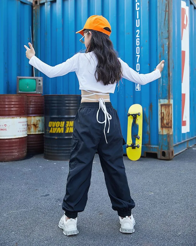 Kid Cool Hip Hop Clothing White Sweatshirt Shirt Top Crop Causal Pants for Girl Jazz Ballroom Dance Costume Clothes Wear 4-16T (1)