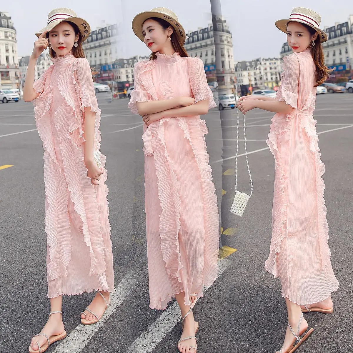 

Large Size Chiffon Summer Women's Dress 2019 New Fashion Sweet Stand Collar Maxi Dress Women's Elegant Ruffles Bandage Dress