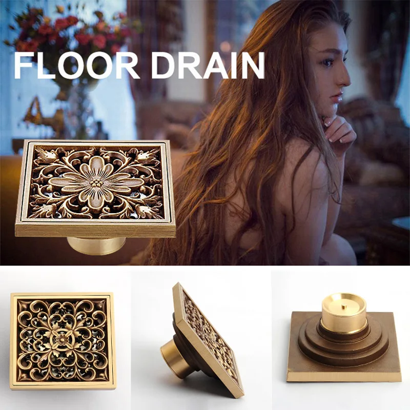 

Square Antique Brass Floor Drains European Retro Style Bathroom 10cm Shower Deodorantfloor Waste Drain Strainer Cover Grate