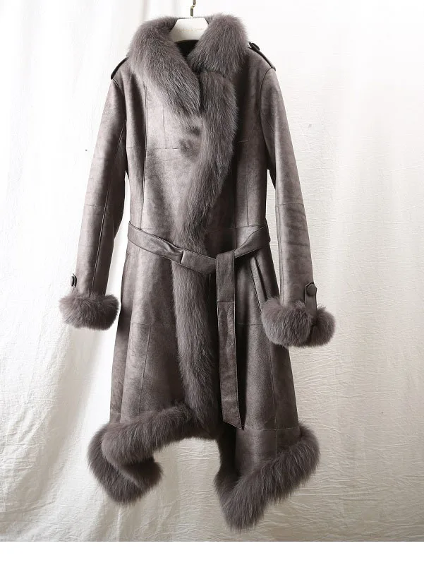 fashion winter new real leather lamb fur grass one coat coat women's long fox windbreaker fur