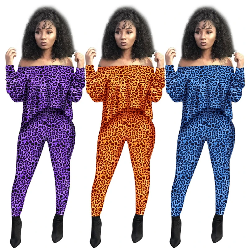 

Leopard Printed Two Piece Set Off Shoulder Cropped Pullover Long Pants Sweat Suit Sexy Casual Outfits Women Clothing Tracksuit
