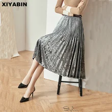 Очень популярная юбка средней длины, Осень-зима, новая модель, французская, восстановленная, старинная, плиссированная юбка, юбка серебристого цвета