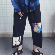 NiceMix, свободная Японская уличная одежда, широкие штаны с рисунком, штаны с графическим принтом,, летние прямые штаны